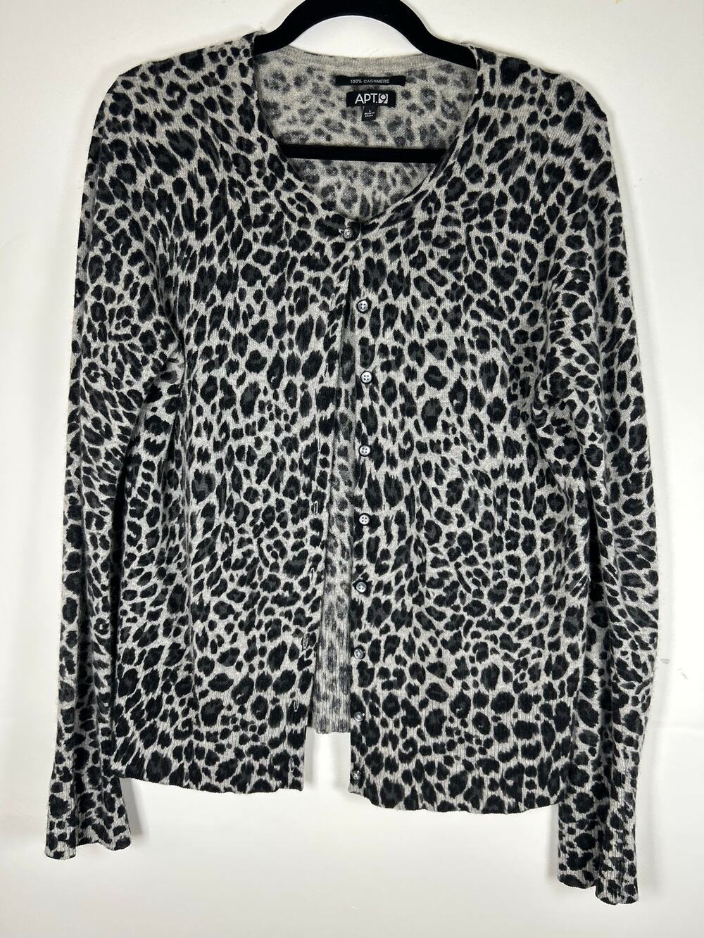 APT 9 cheetah print, black white 100% cashmere cardigan, women’s Sz L
